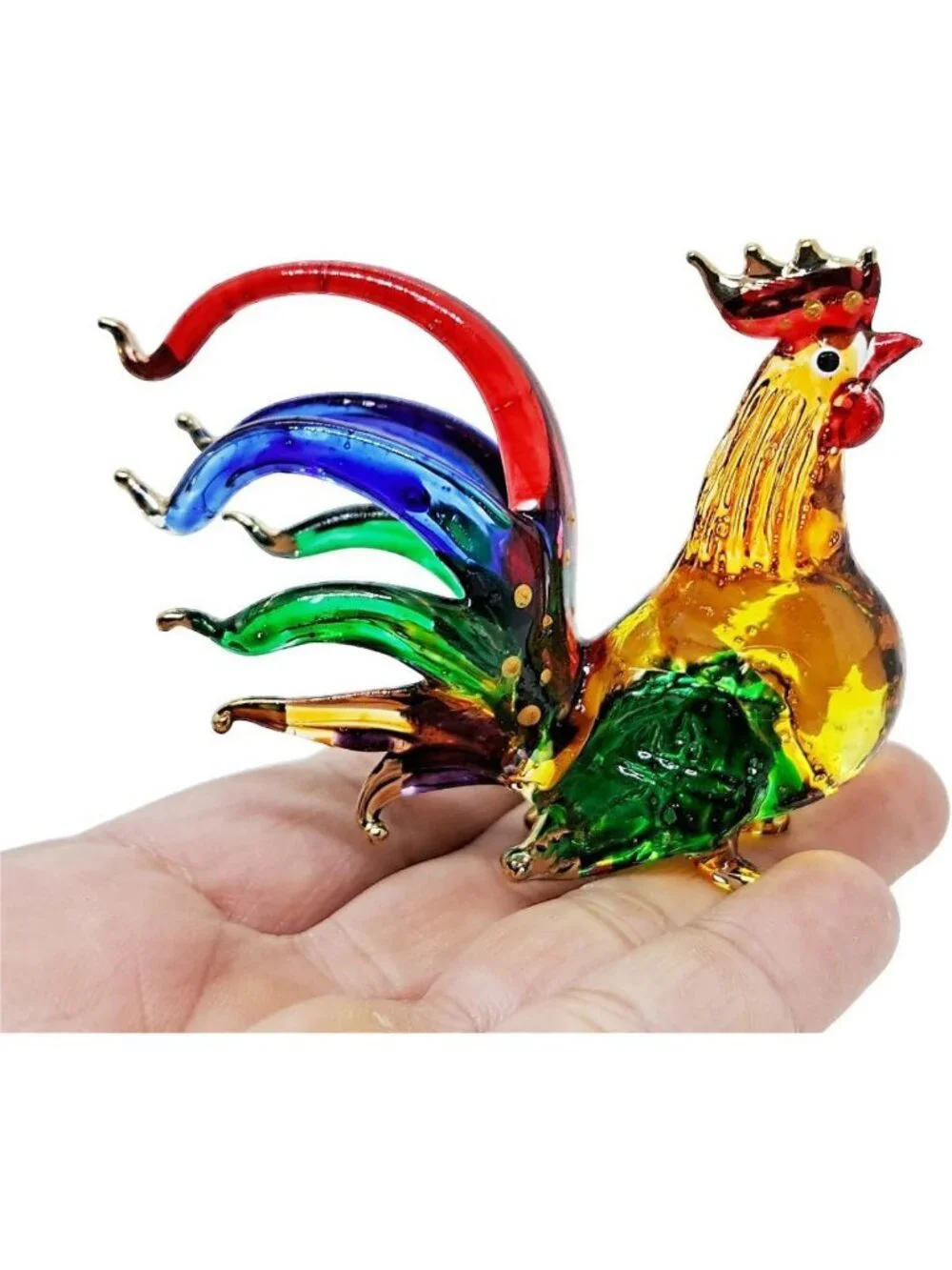 Mini Rainbow Chicken Family Figurine Set - 5 Hand Blown Glass Birds, Colorful